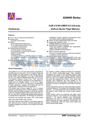 A29040 datasheet - 512K X 8 Bit CMOS 5.0 Volt-only, Uniform Sector Flash Memory