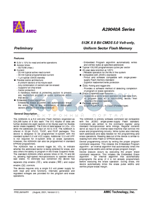 A29040A datasheet - 512K X 8 Bit CMOS 5.0 Volt-only, Uniform Sector Flash Memory