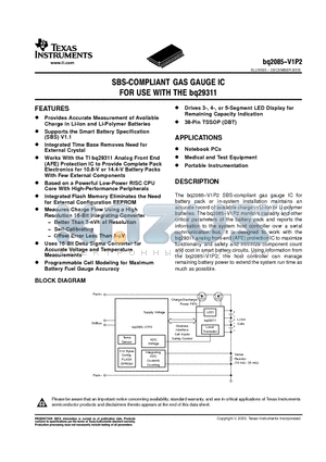 BQ2085-V1P2 datasheet - SBS-COMPLIANT GAS GAUGE IC FOR USE WITH THE bq29311