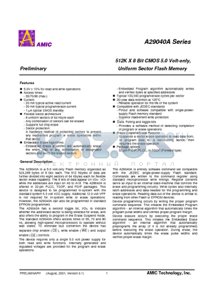 A29040AL-70 datasheet - 512K X 8 Bit CMOS 5.0 Volt-only, Uniform Sector Flash Memory
