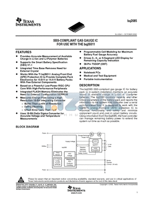 BQ2085DBTRG4 datasheet - SBS-COMPLIANT GAS GAUGE IC FOR USE WITH THE bq29311