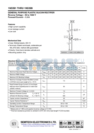 1N5393 datasheet - GENERAL PURPOSE PLASTIC SILICON RECTIFIER