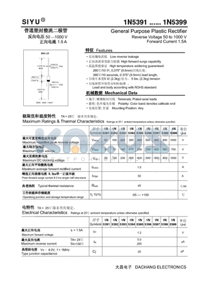 1N5393 datasheet - General Purpose Plastic Rectifier Reverse Voltage 50 to 1000 V Forward Current 1.5A