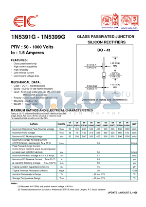 1N5393G datasheet - GLASS PASSIVATED JUNCTION SILICON RECTIFIERS