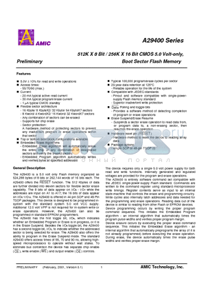 A29400TV-55 datasheet - 512K X 8 Bit / 256K X 16 Bit CMOS 5.0 Volt-only, Boot Sector Flash Memory