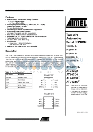 AT24C04-10PA-2.7C datasheet - Two-wire Automotive Serial EEPROM