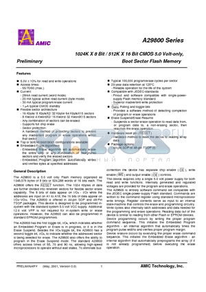 A29800 datasheet - 1024K X 8 Bit / 512K X 16 Bit CMOS 5.0 Volt-only, Boot Sector Flash Memory