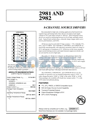 A2982ELW-T datasheet - 8-CHANNEL SOURCE DRIVERS