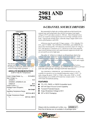 A2982SLW-T datasheet - 8-CHANNEL SOURCE DRIVERS