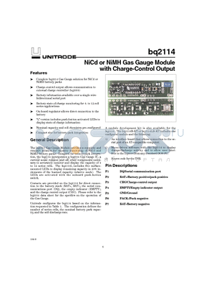 BQ2114B-XXX datasheet - NiCd or NiMH Gas Gauge Module with Charge-Control Output