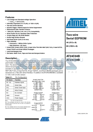AT24C04B-W-11 datasheet - Two-wire Serial EEPROM 4K (512 x 8) 8K (1024 x 8)