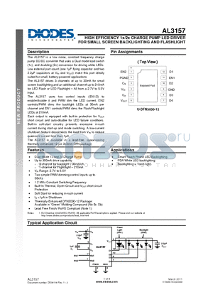 AL3157F-7 datasheet - HIGH EFFICIENCY 1x/2x CHARGE PUMP LED DRIVER  FOR SMALL SCREEN BACKLIGHTING