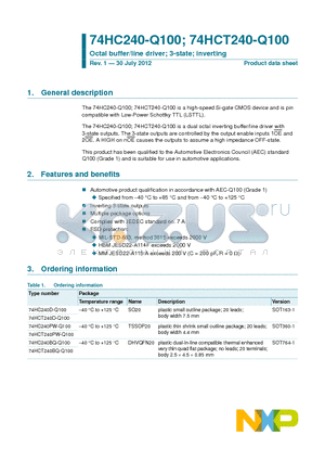 74HC240-Q100 datasheet - Octal buffer/line driver; 3-state; inverting