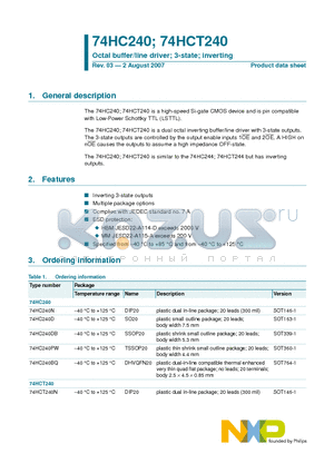 74HC240BQ datasheet - Octal buffer/line driver; 3-state; inverting