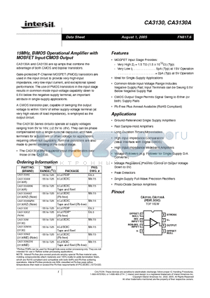 CA3130 datasheet - 15MHz, BiMOS Operational Amplifier with MOSFET Input/CMOS Output