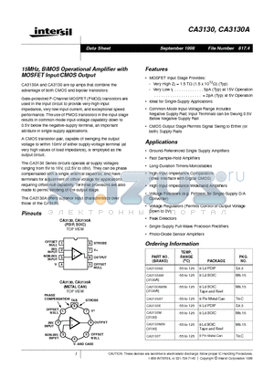 CA3130A datasheet - 15MHz, BiMOS Operational Amplifier with MOSFET Input/CMOS Output