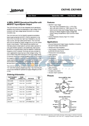 CA3140 datasheet - 4.5MHz, BiMOS Operational Amplifier with MOSFET Input/Bipolar Output