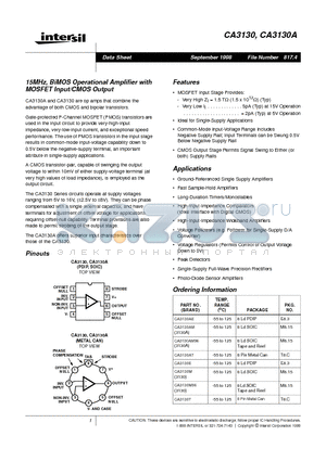 CA3130M96 datasheet - 15MHz, BiMOS Operational Amplifier with MOSFET Input/CMOS Output