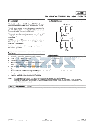 AL5801 datasheet - 100V, ADJUSTABLE CURRENT SINK LINEAR LED DRIVER