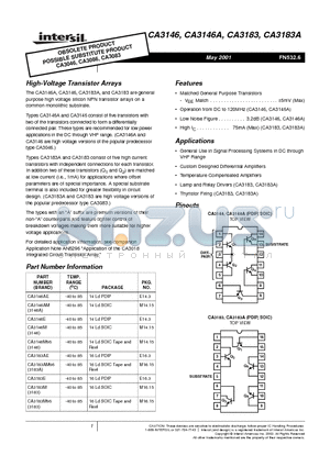 CA3146AE datasheet - High-VoltageTransistorArrays