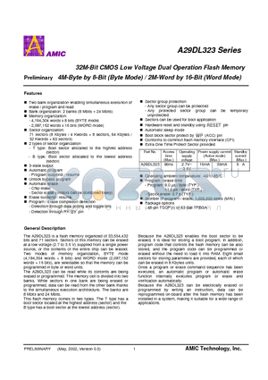 A29DL323UV-90 datasheet - 32M-Bit CMOS Low Voltage Dual Operation Flash Memory 4M-Byte by 8-Bit (Byte Mode) / 2M-Word by 16-Bit (Word Mode)