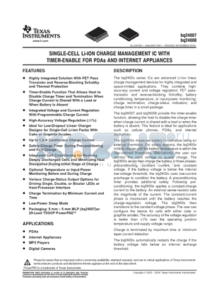 BQ24008PWPG4 datasheet - SINGLE CELL LI ION CHARGE MANAGEMENT IC WITH TIMER ENABLE FOR PDAS AND INTERNET APPLIANCES