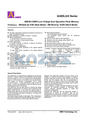 A29DL324TG-90 datasheet - 32M-Bit CMOS Low Voltage Dual Operation Flash Memory 4M-Byte by 8-Bit (Byte Mode) / 2M-Word by 16-Bit (Word Mode)