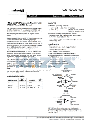CA3160 datasheet - 4MHz, BiMOS Operational Amplifier with MOSFET Input/CMOS Output