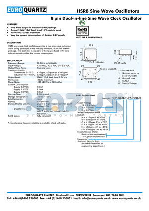 28HSR8-C-25.000-X datasheet - 8 pin Dual-in-line Sine Wave Clock Oscillator