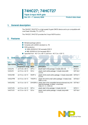 74HC27D datasheet - Triple 3-input NOR gate