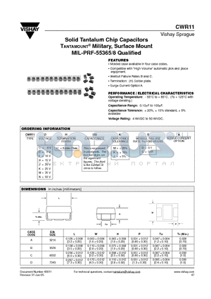 CWR11FH155MBA datasheet - Solid Tantalum Chip Capacitors TANTAMOUNT Military, Surface Mount MIL-PRF-55365/8 Qualified