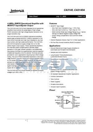 CA3140_05 datasheet - 4.5MHz, BiMOS Operational Amplifier with MOSFET Input/Bipolar Output