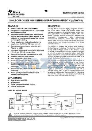 BQ24030RHLR datasheet - SINGLE-CHIP CHARGE AND SYSTEM POWER-PATH MANAGEMENT IC (bqTINYI)