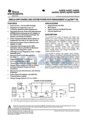 BQ24030 datasheet - SINGLE-CHIP CHARGE AND SYSTEM POWER-PATH MANAGEMENT IC(bqTINYTM-III)