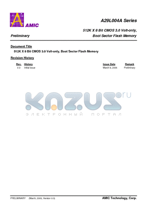 A29L004AUL-70F datasheet - 512K X 8 Bit CMOS 3.0 Volt-only, Boot Sector Flash Memory