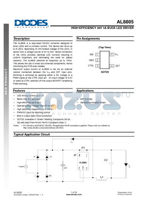 AL8805 datasheet - HIGH EFFICIENCY 30V 1A BUCK LED DRIVER
