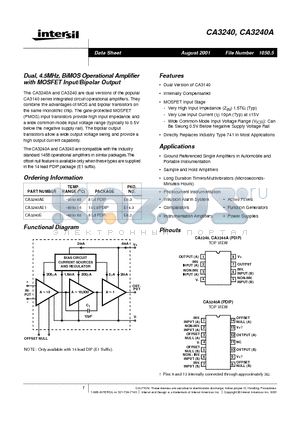CA3240A datasheet - Dual, 4.5MHz, BiMOS Operational Amplifier with MOSFET Input/Bipolar Output