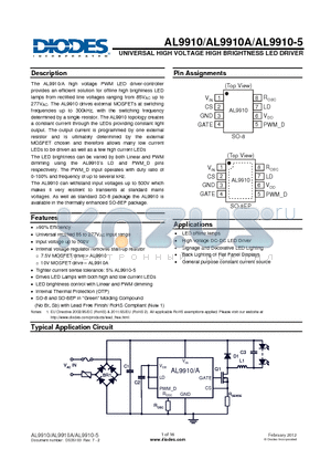 AL9910-5SP-13 datasheet - UNIVERSAL HIGH VOLTAGE HIGH BRIGHTNESS LED DRIVER