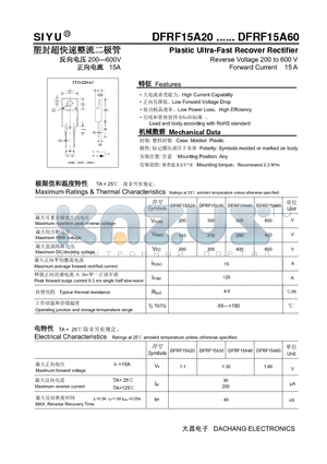 DFRF15A40 datasheet - Plastic Ultra-Fast Recover Rectifier Reverse Voltage 200 to 600 V Forward Current 15 A