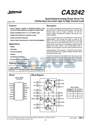 CA3242E datasheet - Quad-Gated Inverting Power Driver For Interfacing Low-Level Logic to High Current Load