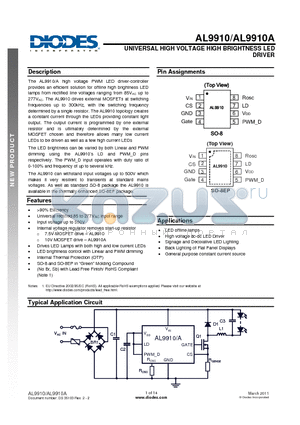 AL9910SP-13 datasheet - UNIVERSAL HIGH VOLTAGE HIGH BRIGHTNESS LED DRIVER