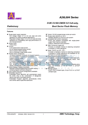 A29L004TW-90 datasheet - 512K X 8 Bit CMOS 3.0 Volt-only, Boot Sector Flash Memory