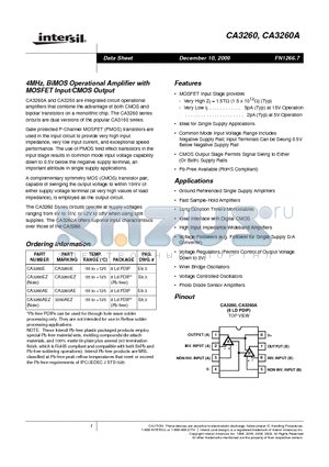 CA3260AE datasheet - 4MHz, BiMOS Operational Amplifier with MOSFET Input/CMOS Output