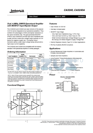 CA3240EZ datasheet - Dual, 4.5MHz, BiMOS Operational Amplifier with MOSFET Input/Bipolar Output