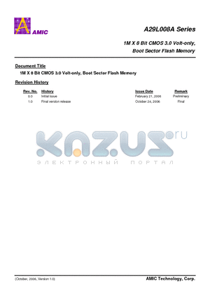 A29L008ATV-90U datasheet - 1M X 8 Bit CMOS 3.0 Volt-only, Boot Sector Flash Memory