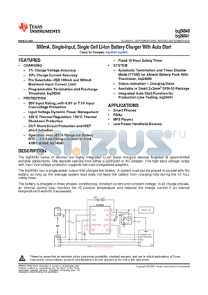 BQ24040 datasheet - 800mA Single-Input Single Cell Li-Ion Battery Charger With Auto Start
