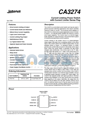 CA3274 datasheet - Current Limiting Power Switch with Current Limiter Sense Flag