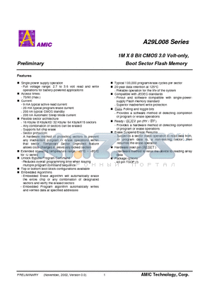 A29L008TV-90 datasheet - 1M X 8 Bit CMOS 3.0 Volt-only, Boot Sector Flash Memory