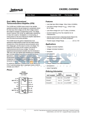 CA3280 datasheet - Dual, 9MHz, Operational Transconductance Amplifier (OTA)