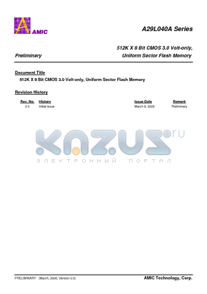 A29L040A-70 datasheet - 512K X 8 Bit CMOS 3.0 Volt-only, Uniform Sector Flash Memory